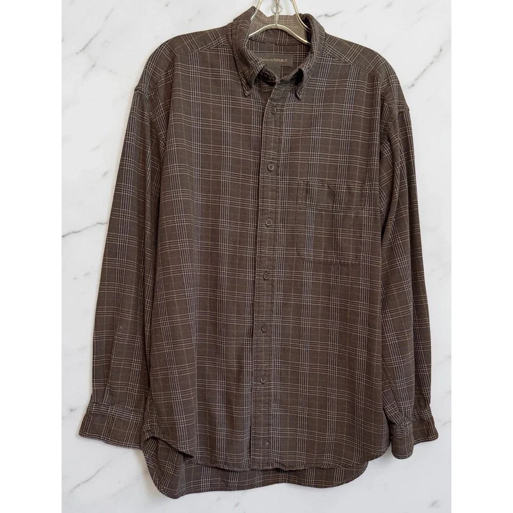 Vintage Banana Republic Flannel Shirt Men's Size Medium Gray Plaid